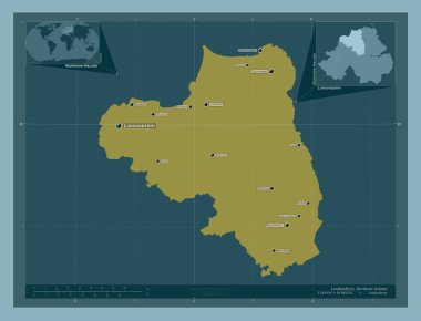 Londonderry, Kuzey İrlanda bölgesi. Katı renk şekli. Bölgenin büyük şehirlerinin yerleri ve isimleri. Köşedeki yedek konum haritaları