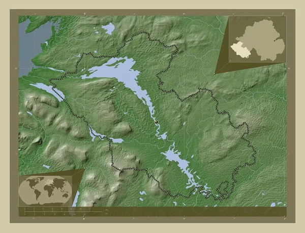 Fermanagh 北爱尔兰地区 用Wiki风格绘制的带有湖泊和河流的高程地图 角辅助位置图 — 图库照片