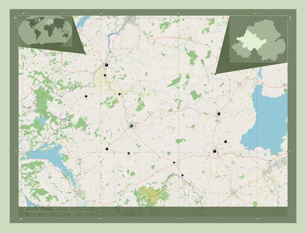 ティロン 北アイルランドの地域 ストリートマップを開く 地域の主要都市の場所 コーナー補助位置図 — ストック写真