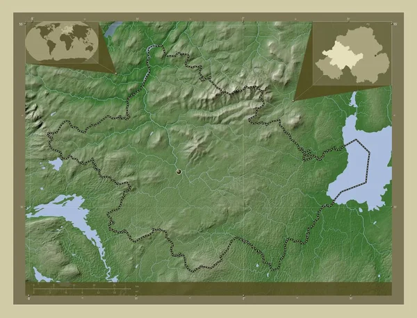 北爱尔兰地区 用Wiki风格绘制的带有湖泊和河流的高程地图 角辅助位置图 — 图库照片