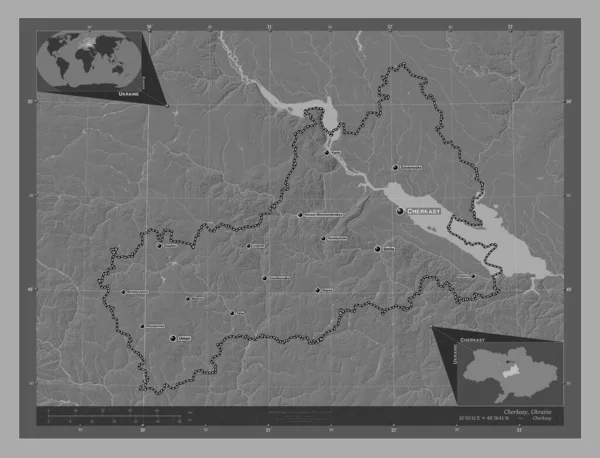 Cherkasy Oblast Ukrajiny Mapa Nadmořské Výšky Jezery Řekami Umístění Názvy — Stock fotografie