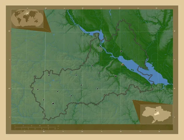 Czerkasy Obwód Ukraiński Kolorowa Mapa Wzniesień Jeziorami Rzekami Lokalizacje Dużych — Zdjęcie stockowe