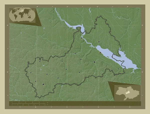 チェルカシー ウクライナの地域 湖や川とWikiスタイルで着色された標高マップ 地域の主要都市の場所 コーナー補助位置図 — ストック写真