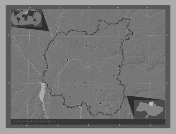 Chernihiv Región Ucrania Mapa Elevación Bilevel Con Lagos Ríos Ubicaciones — Foto de Stock
