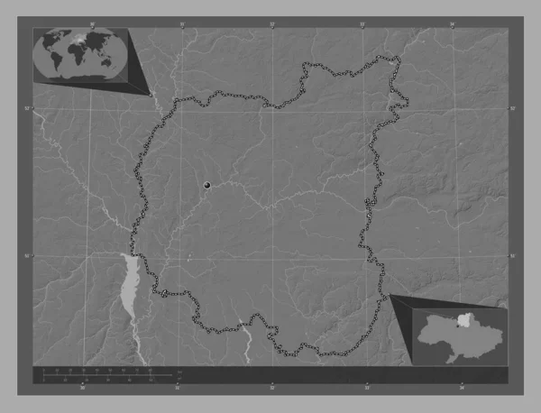 Chernihiv 乌克兰地区 带湖泊和河流的比尔维尔高程图 角辅助位置图 — 图库照片