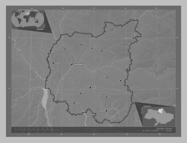 Chernihiv Ukrajna Régiója Szürkeárnyas Térkép Tavakkal Folyókkal Régió Nagyvárosainak Elhelyezkedése — Stock Fotó