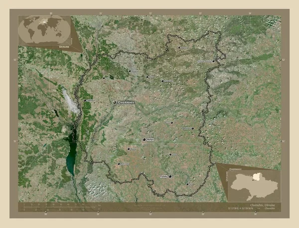 Chernihiv 乌克兰地区 高分辨率卫星地图 该区域主要城市的地点和名称 角辅助位置图 — 图库照片