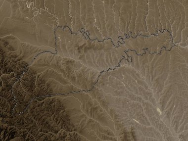 Chernivtsi, Ukrayna bölgesi. Yükseklik haritası sepya tonlarında göller ve nehirlerle renklendirilmiş