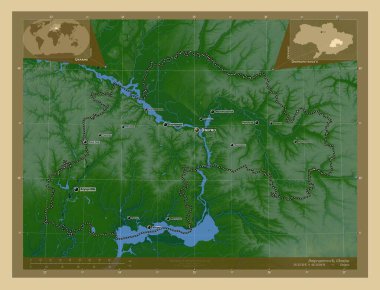 Dnipropetrovs 'k, Ukrayna bölgesi. Gölleri ve nehirleri olan renkli yükseklik haritası. Bölgenin büyük şehirlerinin yerleri ve isimleri. Köşedeki yedek konum haritaları