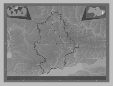 Donets 'k, Ukrayna bölgesi. Gölleri ve nehirleri olan gri tonlama yükseklik haritası. Bölgenin büyük şehirlerinin yerleri. Köşedeki yedek konum haritaları