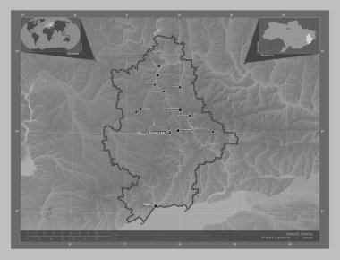 Donets 'k, Ukrayna bölgesi. Gölleri ve nehirleri olan gri tonlama yükseklik haritası. Bölgenin büyük şehirlerinin yerleri ve isimleri. Köşedeki yedek konum haritaları