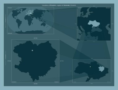 Kharkiv, Ukrayna bölgesi. Büyük ölçekli haritalarda bölgenin yerini gösteren diyagram. Katı bir arkaplan üzerinde vektör çerçevelerinin ve PNG şekillerinin bileşimi