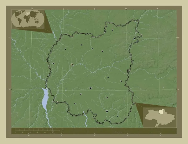 Chernihiv 乌克兰地区 用Wiki风格绘制的带有湖泊和河流的高程地图 该区域主要城市的所在地点 角辅助位置图 — 图库照片