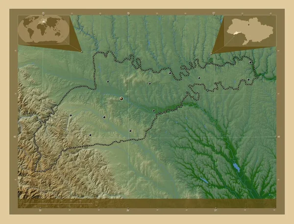 Czerniowce Obwód Ukraiński Kolorowa Mapa Wzniesień Jeziorami Rzekami Lokalizacje Dużych — Zdjęcie stockowe