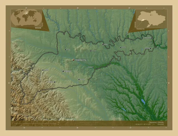Chernivtsi Περιοχή Της Ουκρανίας Χρωματιστός Υψομετρικός Χάρτης Λίμνες Και Ποτάμια — Φωτογραφία Αρχείου
