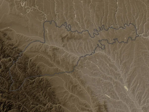 Chernivtsi, Ukrayna bölgesi. Yükseklik haritası sepya tonlarında göller ve nehirlerle renklendirilmiş