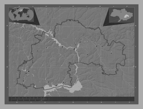 ドニプロペトロフ ウクライナの領域 湖や川と二階の標高マップ 地域の主要都市の場所 コーナー補助位置図 — ストック写真