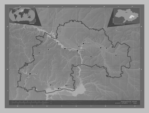 Dnipropetrowsk Region Der Ukraine Graustufen Höhenkarte Mit Seen Und Flüssen — Stockfoto