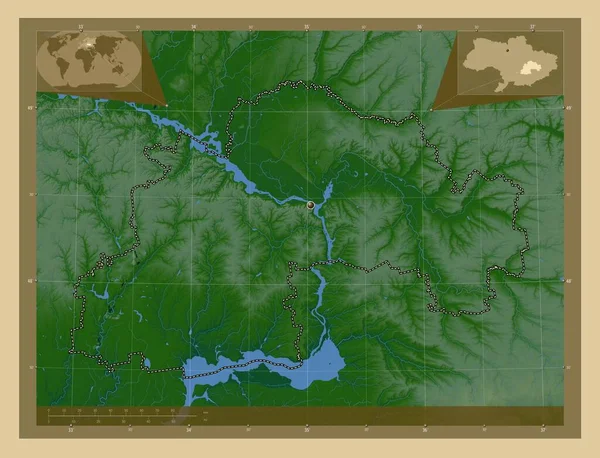 Dnipropetrovs Region Ukraine Colored Elevation Map Lakes Rivers Corner Auxiliary — Stock Photo, Image