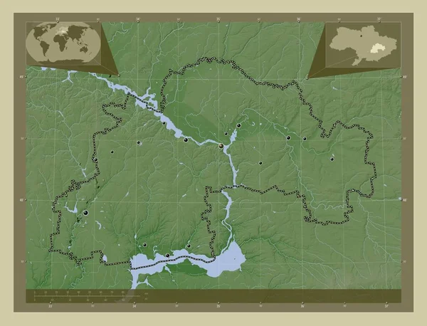 Dnipropetrovs 乌克兰地区 用Wiki风格绘制的带有湖泊和河流的高程地图 该区域主要城市的所在地点 角辅助位置图 — 图库照片
