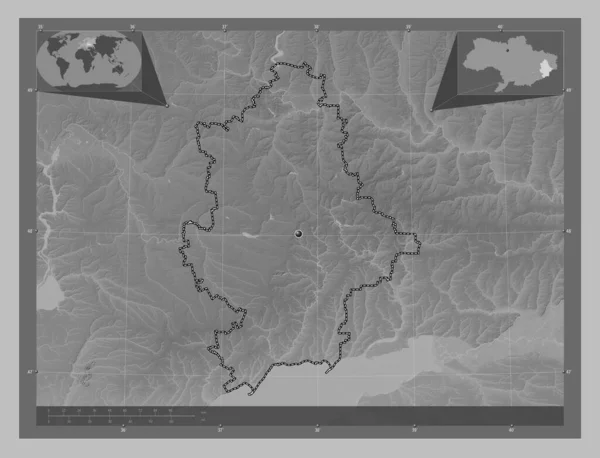 Donets Regione Dell Ucraina Mappa Elevazione Scala Grigi Con Laghi — Foto Stock