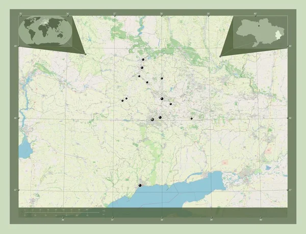 ドネッツ ウクライナの地域 ストリートマップを開く 地域の主要都市の場所 コーナー補助位置図 — ストック写真