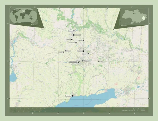ドネッツ ウクライナの地域 ストリートマップを開く 地域の主要都市の位置と名前 コーナー補助位置図 — ストック写真