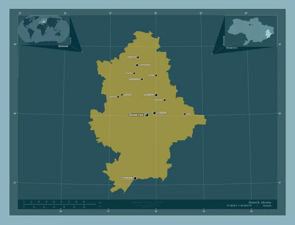 ドネッツ ウクライナの地域 しっかりした色の形 地域の主要都市の位置と名前 コーナー補助位置図 — ストック写真