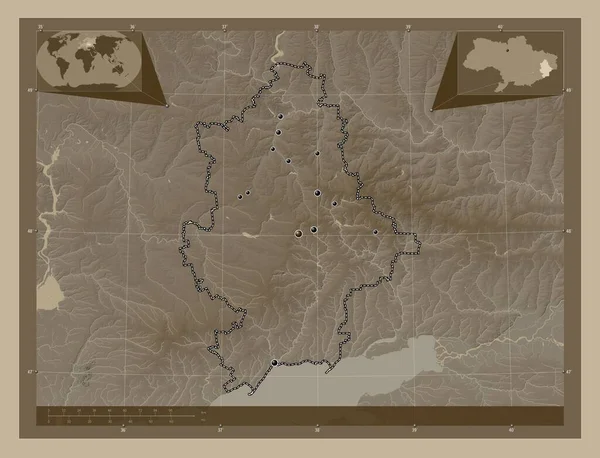 Donets Regione Dell Ucraina Mappa Elevazione Colorata Toni Seppia Con — Foto Stock
