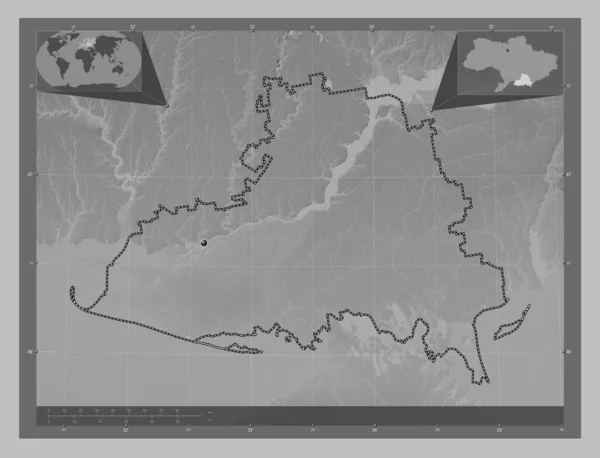 Kherson 乌克兰地区 带有湖泊和河流的灰度高程图 角辅助位置图 — 图库照片