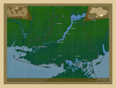 Kherson, Ukrayna bölgesi. Gölleri ve nehirleri olan renkli yükseklik haritası. Bölgenin büyük şehirlerinin yerleri ve isimleri. Köşedeki yedek konum haritaları