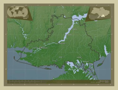 Kherson, Ukrayna bölgesi. Yükseklik haritası göller ve nehirlerle wiki tarzında renklendirilmiş. Bölgenin büyük şehirlerinin yerleri ve isimleri. Köşedeki yedek konum haritaları