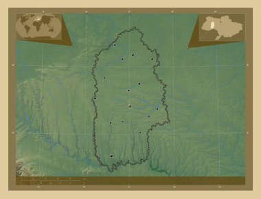 Khmel 'nyts' kyy, Ukrayna bölgesi. Gölleri ve nehirleri olan renkli yükseklik haritası. Bölgenin büyük şehirlerinin yerleri. Köşedeki yedek konum haritaları