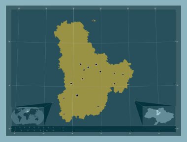 Kiev, Ukrayna bölgesi. Katı renk şekli. Bölgenin büyük şehirlerinin yerleri. Köşedeki yedek konum haritaları