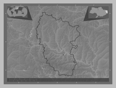 Luhans 'k, Ukrayna bölgesi. Gölleri ve nehirleri olan gri tonlama yükseklik haritası. Köşedeki yedek konum haritaları