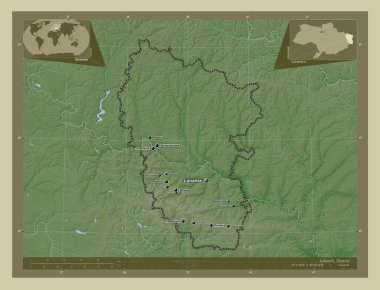 Luhans 'k, Ukrayna bölgesi. Yükseklik haritası göller ve nehirlerle wiki tarzında renklendirilmiş. Bölgenin büyük şehirlerinin yerleri ve isimleri. Köşedeki yedek konum haritaları