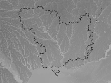 Mykolayiv, Ukrayna bölgesi. Gölleri ve nehirleri olan gri tonlama yükseklik haritası