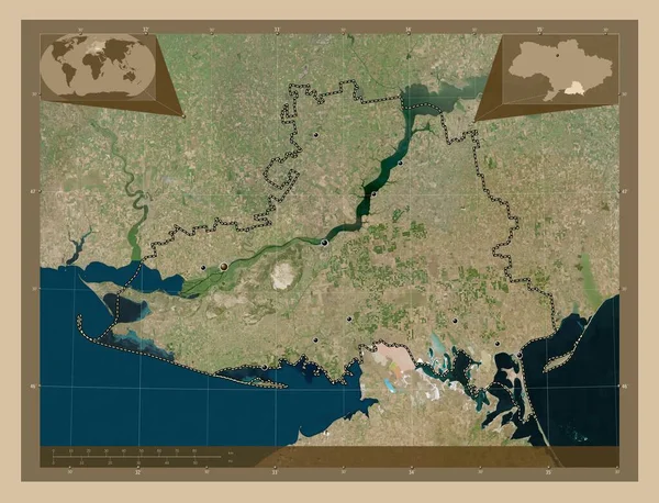 ヘルソン ウクライナの地域 低解像度衛星地図 地域の主要都市の場所 コーナー補助位置図 — ストック写真