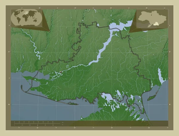 Chersoń Region Ukrainy Mapa Wzniesień Kolorowa Stylu Wiki Jeziorami Rzekami — Zdjęcie stockowe