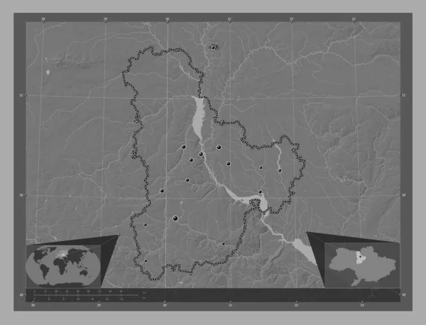 Kijów Obwód Ukraiński Dwupoziomowa Mapa Jeziorami Rzekami Lokalizacje Dużych Miast — Zdjęcie stockowe
