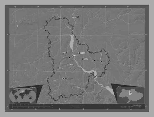 Kiev Région Ukraine Carte Altitude Bilevel Avec Lacs Rivières Emplacements — Photo