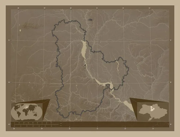 乌克兰地区 高程图 用深紫色调涂上湖泊和河流 角辅助位置图 — 图库照片