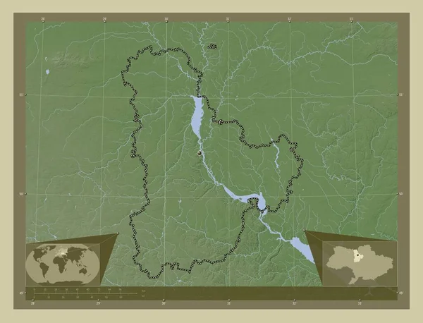 乌克兰地区 用Wiki风格绘制的带有湖泊和河流的高程地图 角辅助位置图 — 图库照片