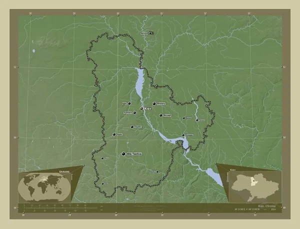 乌克兰地区 用Wiki风格绘制的带有湖泊和河流的高程地图 该区域主要城市的地点和名称 角辅助位置图 — 图库照片