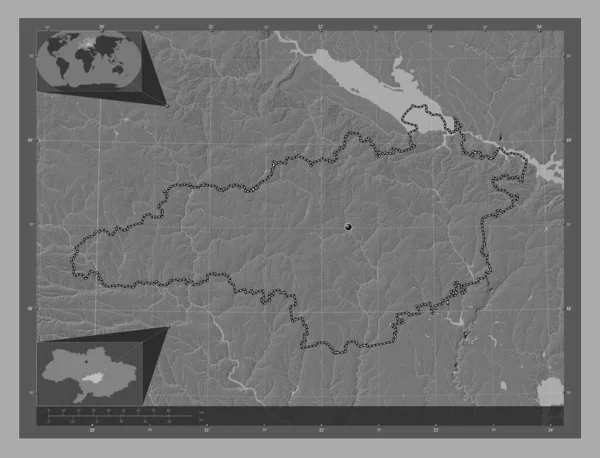Kirovohrad Ukrajna Régiója Kétszintes Domborzati Térkép Tavakkal Folyókkal Saroktérképek Kiegészítő — Stock Fotó
