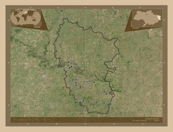 Luhans Region Ukraine Low Resolution Satellite Map Locations Names Major — Stock Photo, Image