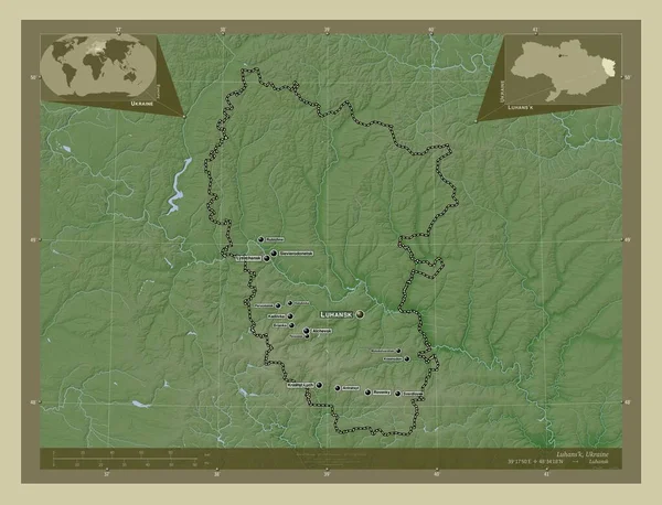 Luhans Regionen Ukraina Höjd Karta Färgad Wiki Stil Med Sjöar — Stockfoto