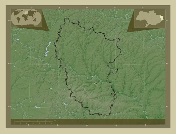 Luhans 乌克兰地区 用Wiki风格绘制的带有湖泊和河流的高程地图 角辅助位置图 — 图库照片