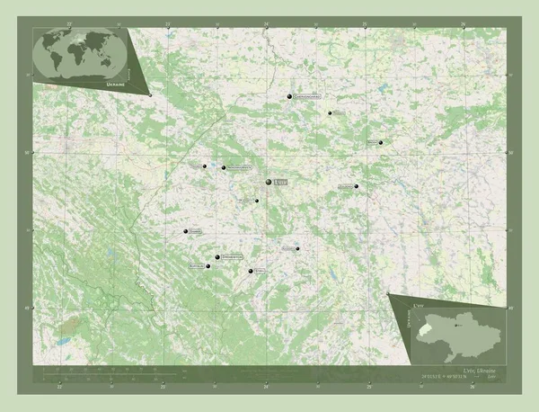 Viv Ukrajna Régiója Nyílt Utcai Térkép Régió Nagyvárosainak Elhelyezkedése Neve — Stock Fotó