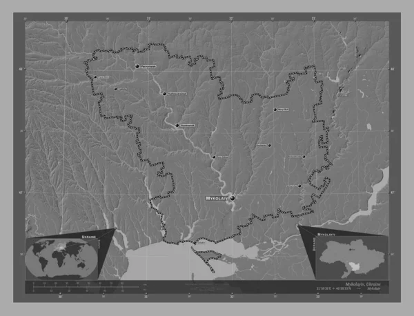 Mykolayiv Regio Van Oekraïne Hoogteplattegrond Met Meren Rivieren Locaties Namen — Stockfoto